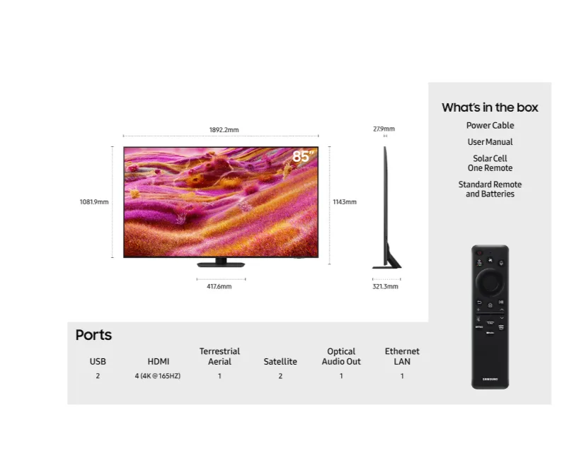 Samsung QE85QN90F 85" Neo QLED 4K TV | NQ4 AI Gen3 Processor & Glare Free